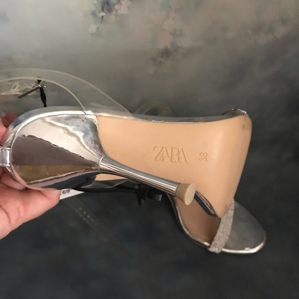 Zara Metallic Silver and Crystal Heeled Sandals - Picture 9 of 12